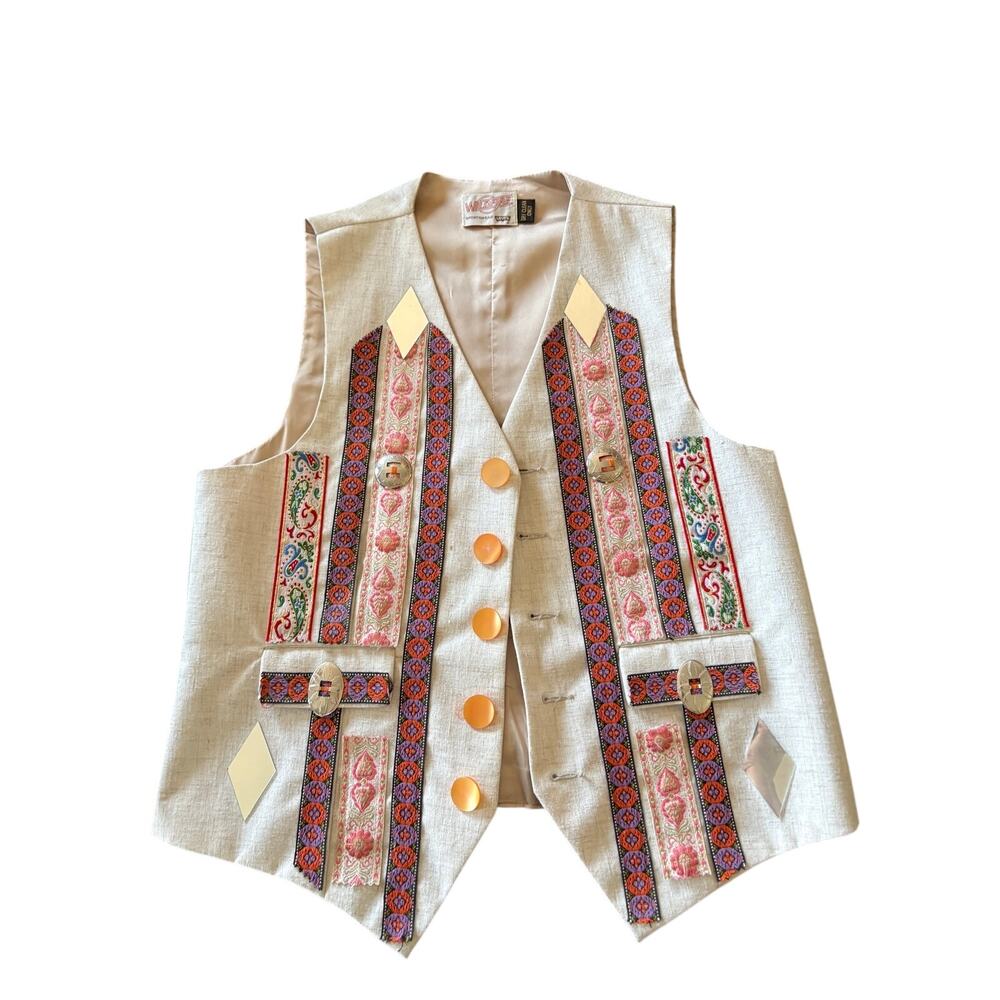 Vintage Levi’s Wildfire Western Vest Cream Embroidered Trim Concho Buttons Women